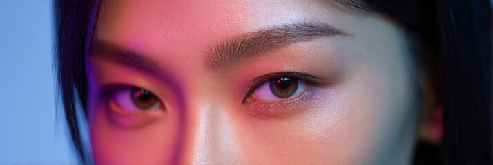 Intriguing gaze under neon glow, Asian female focus, introspective allure, Lunar New Year mysteries, Kintsugi reflection