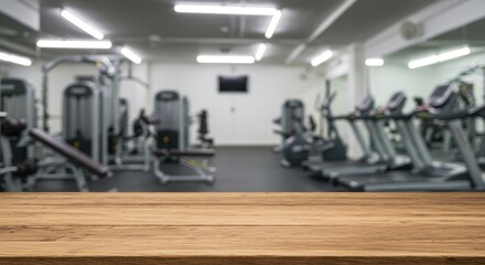 Wooden table surface in a blurred gym interior perfect for product display