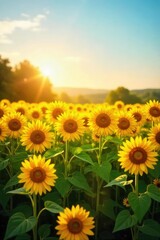 Obraz premium A vibrant field of sunflowers basking in golden sunlight, their tall stalks swaying gently in the breeze Perfect for summer, nature, and agriculture themes , growth, green