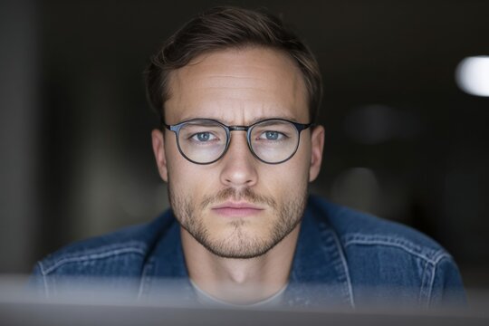 Focused Caucasian man with glasses gazes at the screen, embodying techie introspection, perfect for International Programmer's Day