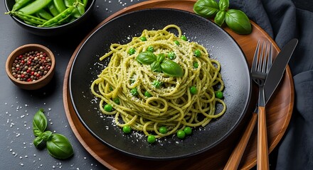 Delicious Green Pea Pasta Dish with Basil.