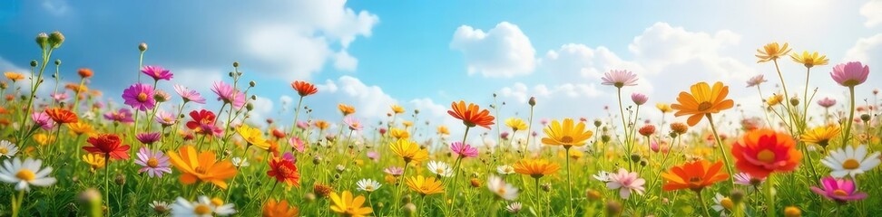 Fototapeta premium Vibrant Wildflowers in Full Bloom Under a Spring Sky Joyful Renewal and Natural Beauty
