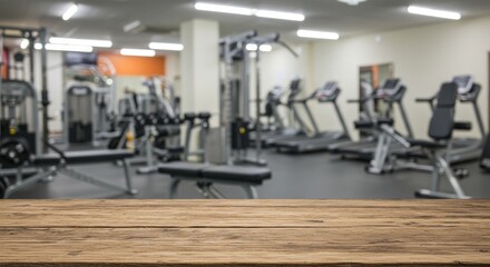 Fototapeta premium Wooden tabletop foregrounds a blurred gym interior showcasing fitness equipment