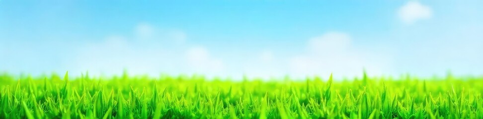 Fototapeta premium A vibrant green lawn, freshly cut and glistening with morning dew, stretches to the horizon under a clear blue sky The perfect image for summer, relaxation, and outdoor activities , peaceful, nature