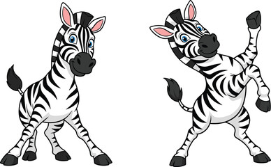 Cute cartoon zebras standing and dancing, black and white striped animals, playful wildlife characters, happy zebras illustration, friendly animal mascots, fun vector art design