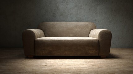 Cozy sepia-toned sofa whispers tranquility, ideal for Hygge celebrations and World Slow Day introspection, in minimalist sanctuary