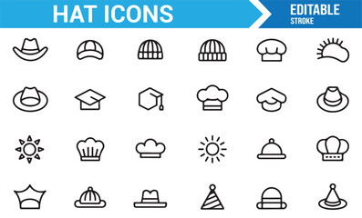 Hat vector icons set, outline illustrations of caps, beanies, and cowboy hats
