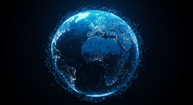 Connected world illustration with blue globe and digital network concept