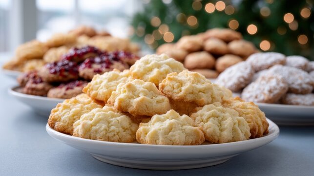 Festive plate of golden, crumbly cookies embodying nostalgic holiday coziness, evoking Christmas Eve gatherings and Yule celebrations