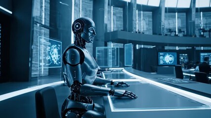 Robots work in a sleek control room filled with screens and holograms, showcasing their skills and collaboration in a high-tech setting. The atmosphere buzzes with energy and innovation.