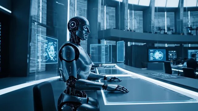 Robots work in a sleek control room filled with screens and holograms, showcasing their skills and collaboration in a high-tech setting. The atmosphere buzzes with energy and innovation.