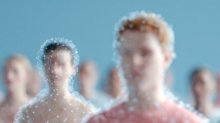 Mystical pixelated men, a Caucasian digital duo in futuristic mesh, evoke Cyber Monday wonderment and Data Privacy Day intrigue