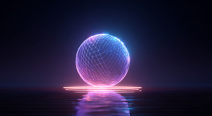 3d render of a glowing neon sphere with wireframe