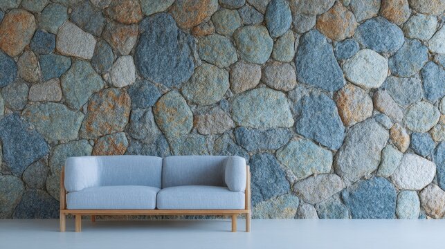 Serene mid-century sofa against rugged stone tapestry, evoking Hygge coziness and Earth Day's mindful simplicity in tranquil balance