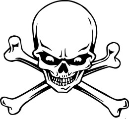 Black and white skull and crossbones emblem symbol of danger poison warning or pirate design.