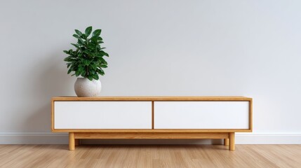 Sleek Scandinavian console cradles verdant whispers of tranquility, ideal for Feng Shui prosperity or minimalist modernist muse