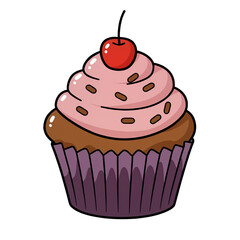 Cupcake with cherry topping pink frosting dessert illustration