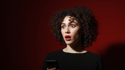 Astonished Caucasian woman in dim light, clutching phone, embodies surprise of quirky International Moment of Frustration Scream Day