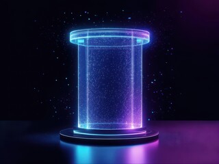 Neon-lit translucent cylinder pedestal glows vibrantly in dark space.