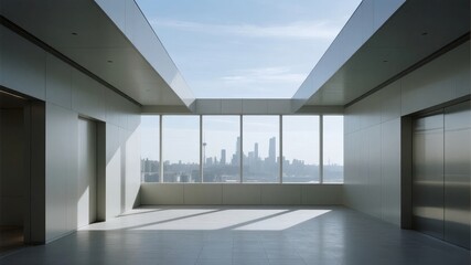 Fototapeta premium Modern minimalist interior with large windows overlooking a city skyline