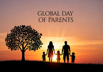 A silhouette of a family standing near a tree against a vibrant sunset, commemorating global day of parents with love and unity in nature