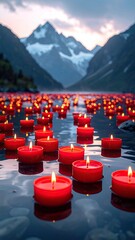 Red candles float on a serene lake, mountains in the background