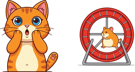 Cute surprised orange cat with big blue eyes, adorable hamster running on red wheel, playful pets, funny animal behavior, cartoon pet characters, pet care, pet fun