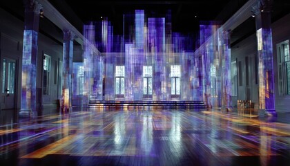 Projected cityscapes in grand hall