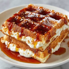Stacked waffles, topped with whipped cream and caramel sauce, dusted with powdered sugar