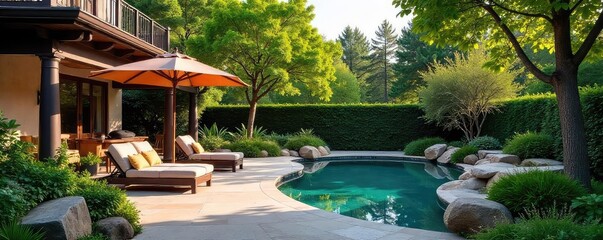 Fototapeta premium Stunning backyard oasis designed for comfortable outdoor living Mature trees, lush landscaping, and elegant patio create a serene retreat Perfect for relaxation and entertaining , yard, fountain