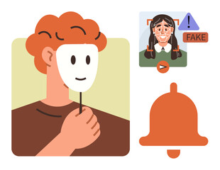 Person holding a smiling mask, AI facial recognition system identifying fake identity, warning bell. Ideal for identity fraud, cybersecurity, online safety, deception, AI ethics, misinformation