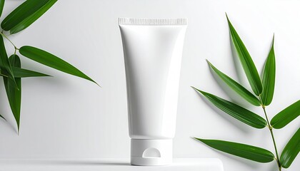 Blank white tube of cream surrounded by green bamboo leaves on a white surface
