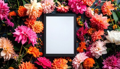 Blank book surrounded by colorful flowers