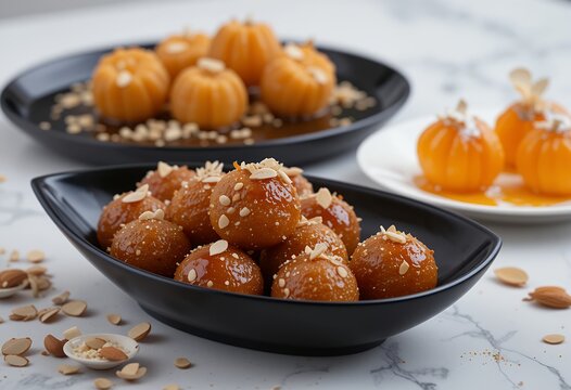 Traditional indian sweet desserts arranged in modern black serving bowls with garnished nuts on a