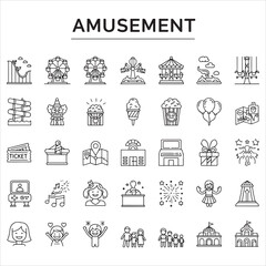 Fototapeta premium Set of amusement vector icons in clean line art style featuring roller coasters, Ferris wheels, carnival tents, tickets, clowns, and more. Editable stroke.
