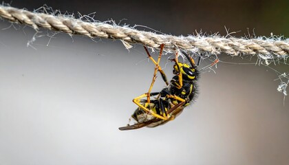 Close-up of a wasp hanging upside down from a rope