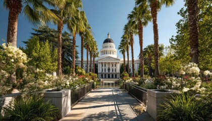 State capitol, palm trees, and gardens