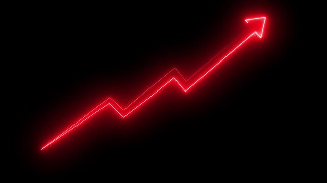 Glowing red neon arrow business success graph chart  future concept animation. market recovery concept, successful growth trend neon light graph going up.