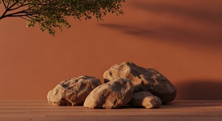 Desert Rocks Under a Tree, Warm Sunset Light.