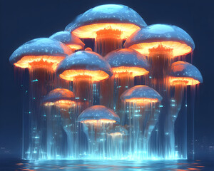 Luminous Glowing Mushroom Waterfall 3D Illustration