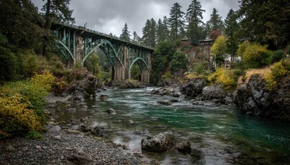 A weathered bridge spans a rocky river