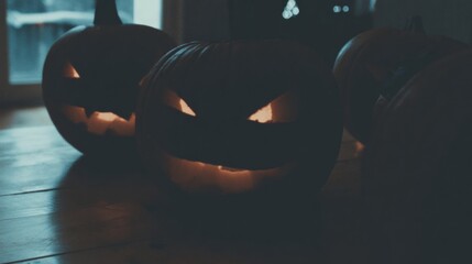 Glowing jack-o'-lantern casts eerie shadows, whispering autumnal tales of Samhain, haunted harvest; Halloween nocturne ambiance thrives