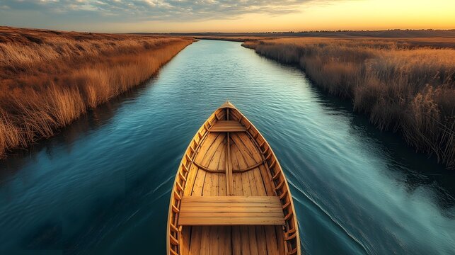 Bright sunset casts warm colors over a tranquil river with a wooden boat gliding through calm waters - Powered by Adobe