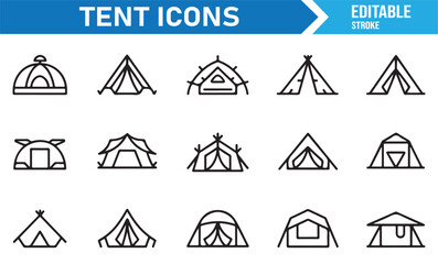 Set of tent outline illustrations for nature, mountain, and forest travel