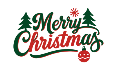 Merry Christmas Festive Typography with Trees and Ornament. 