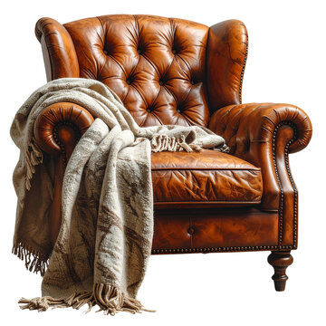 PNG of Elegant brown leather armchair with tufted design and vintage charm, perfect for any cozy living space, White or Transparent Background