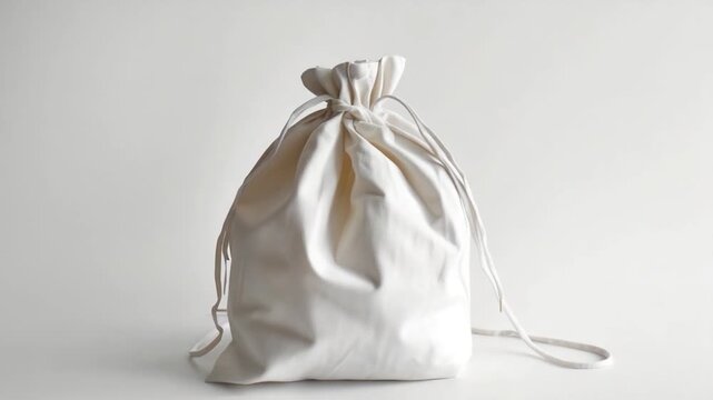 A white drawstring bag sits on top of a table, ready for use