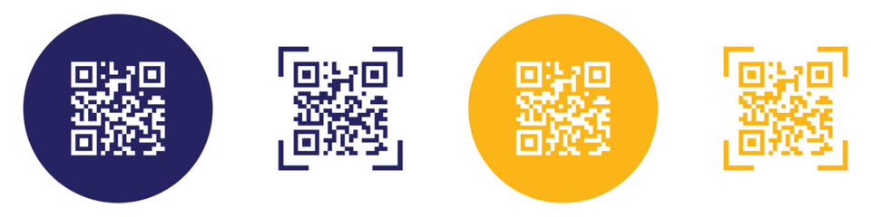 QR code icon vector illustration. Fake template of quick response matrix barcode in square grid. Mobile phone camera readable digital label. Modern white and blue QR code on white background.