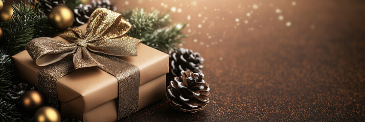 Chrismas banner with elegant gift box surrounded by pinecones and ornaments on cozy background with copy space