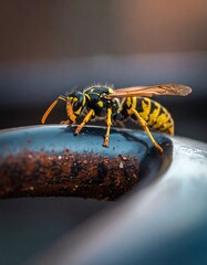 Close-up of a wasp on a metal surface